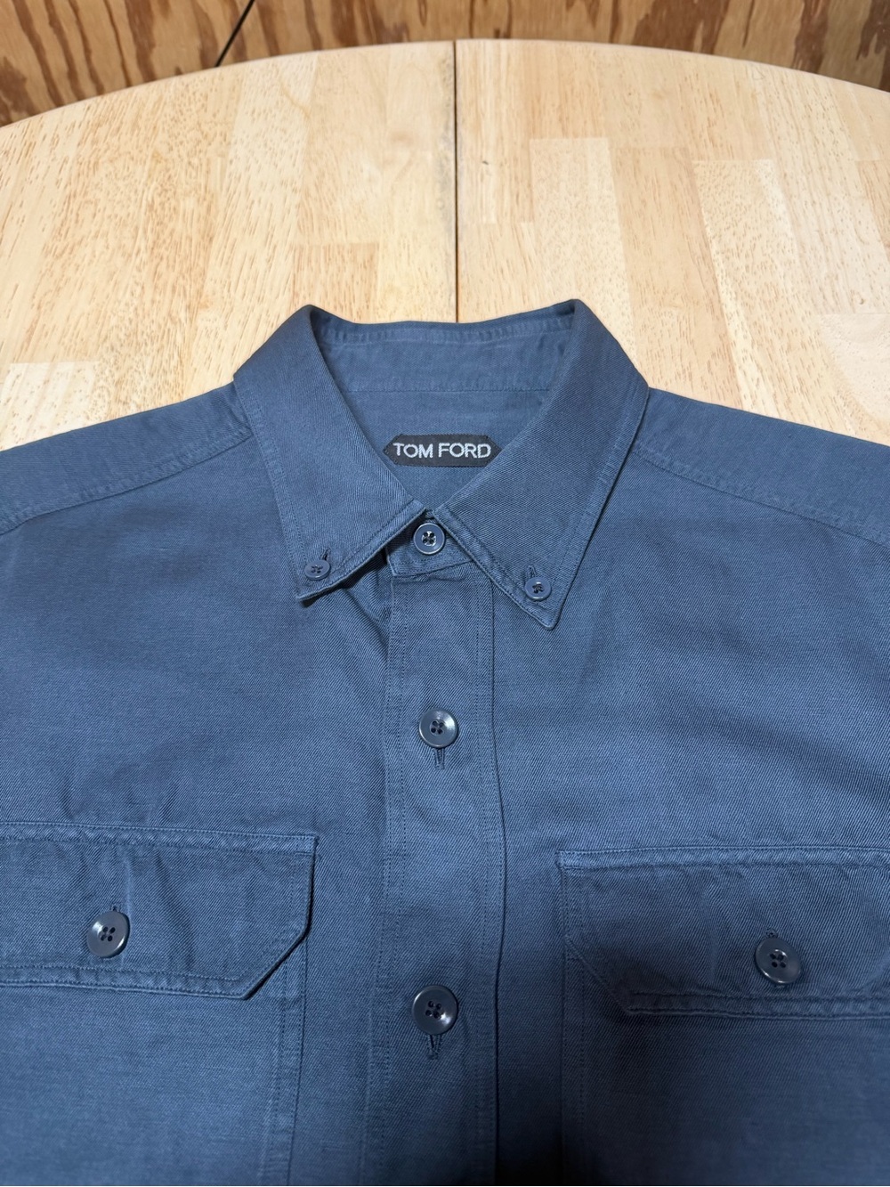 Tom Ford Military Shirt Mens 41 16 Blue Linen Cotton Button Down Luxury Large - Picture 3 of 15